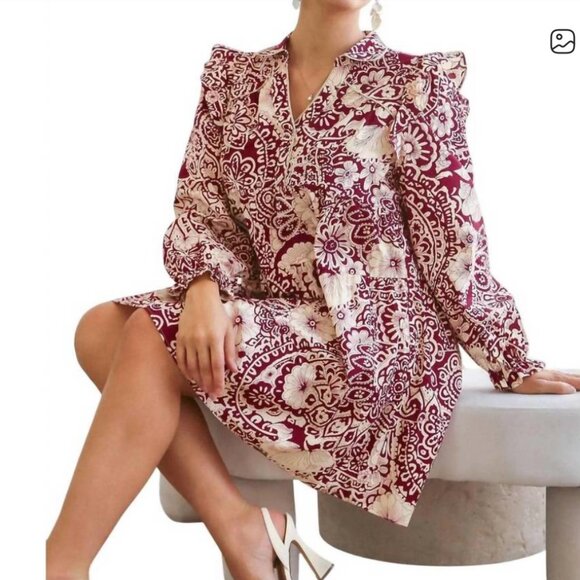 Umgee NWT SZ XL Sangria Silky Floral Print Dress Boho Cottage Core Western - Picture 2 of 11